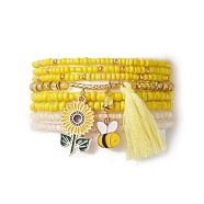 8Pcs 8 Styles Glass Seed Beaded Stretch Bracelets Set, Alloy Enamel & Cotton Tassel Charms Stackable Bracelets for Women, Yellow, Sunflower Pattern, Inner Diameter: 2-3/8 inch(6cm), Flower: 28x16x1.5mm, 1Pc/style(BJEW-JB09192-02)