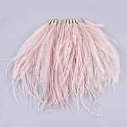 Ostrich Feather Tassel Big Pendant Decorations, with Brass Findings, Golden, Flamingo, 130~170x4mm, Hole: 1.6mm(FIND-S302-08D)