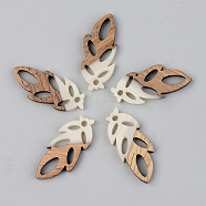 Opaque Resin & Walnut Wood Pendants, Leaf, Floral White, 28x11.5x3mm, Hole: 1.8mm(RESI-S389-062B-C04)