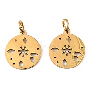 304 Stainless Steel Charms, with Jump Ring, Flat Round Charm, Laser Cut, Golden, Flower, 13.5x11.5x1mm, Hole: 3.4mm(STAS-D050-07G-14)