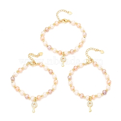 Brass Micro Pave Cubic Zirconia Key Charms Bracelets, Real 18K Gold Plated, with Natural Pearl, Long-Lasting Plated, Mixed Color, 6-1/2x1/8 inch(16.5x0.3~6cm)(BJEW-D447-10G-01)