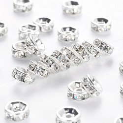 Brass Rhinestone Spacer Beads, Grade A, Straight Flange, Silver Color Plated, Rondelle, Crystal, 6x3mm, Hole: 1mm(RB-A014-Z6mm-01S)