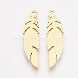 201 Stainless Steel Pendants, Feather, Golden, 25x6x1mm, Hole: 1.6mm(X-STAS-T045-45G)