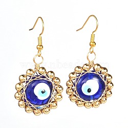 Evil Eye Flat Round Lampwork Dangle Earrings for Girl Women, Wire Wrap Brass Earring, Golden, Blue, 45mm, Pin: 0.6mm(X1-EJEW-JE04677)