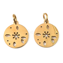 304 Stainless Steel Charms, with Jump Ring, Flat Round Charm, Laser Cut, Golden, Flower, 13.5x11.5x1mm, Hole: 3.4mm(STAS-D050-07G-14)