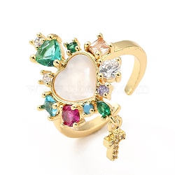 Colorful Rhinestone Heart with Cross Charm Open Cuff Ring, Brass Jewelry for Women, Cadmium Free & Lead Free, Real 18K Gold Plated, US Size 6 1/2(16.9mm)(RJEW-M142-12G)