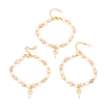 Brass Micro Pave Cubic Zirconia Key Charms Bracelets, Real 18K Gold Plated, with Natural Pearl, Long-Lasting Plated, Mixed Color, 6-1/2x1/8 inch(16.5x0.3~6cm)