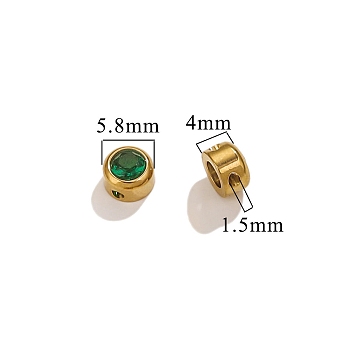 304 Stainless Steel Glass Beads, Birthstone Beads, Flat Round, Real 18K Gold Plated, Green, 6x4mm, Hole: 1.4mm