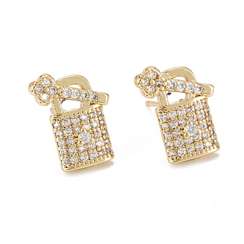 Padlock & Key Sparkling Cubic Zirconia Stud Earrings for Girl Women, Lead Free & Nickel Free & Cadmium Free, Brass Micro Pave Cubic Zirconia Earrings, Real 18K Gold Plated, 12.5x9.5mm, Pin: 0.7mm
