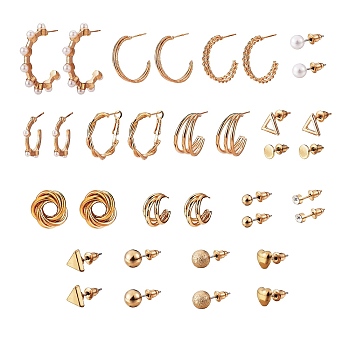 17 Pairs 17 Style Ring & Triangle & Round & Heart Stud Earrings with Resin Pearl, Open Half Hoop Earrings with Rhinestone for Women, Golden, 3~36x3~23.5mm, Pin: 0.8~0.9mm, 1pair/style