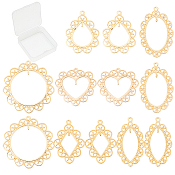 12Pcs 6 Style Brass Links Connectors, Horse Eye & Teardrop & Ring & Heart & Oval & Rhombus, Real 18K Gold Plated, 2pcs/style