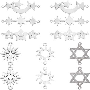 SUPERFINDINGS 12Pcs 6 Style 304 Stainless Steel Link Connectors, Laser Cut, Star & Hexagram & Sun, Stainless Steel Color, 2pcs/style