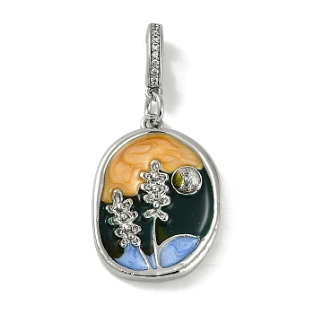 Brass Enamel Pendants, Oval with Flower Charm, Platinum, 35mm, Hole: 5.5x3mm