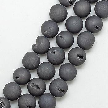 Electroplated Natural Druzy Geode Agate Beads Strands, Dyed, Frosted, Round, Gray Plated, 18~18.5mm, Hole: 2mm, about 22pcs/strand, 16.3 inch