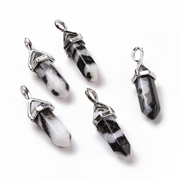 Natural Zebra Jasper Pendants, Faceted, with Platinum Tone Brass Findings, Lead free & Cadmium Free, Bullet, 27~30x9~10x7~8mm, Hole: 4x3mm