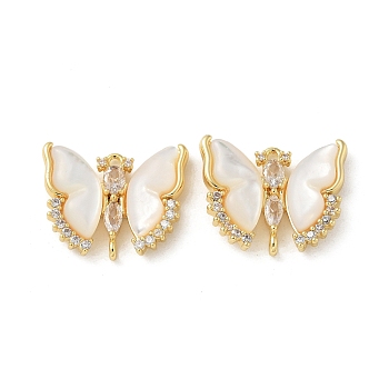 Brass Clear Cubic Zirconia Connector Charms, Natural White Shell Butterfly Links, Golden, 16x20x4.5mm, Hole: 1.2mm