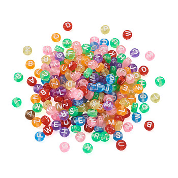 Transparent Acrylic Beads, Flat Round with White Letter A~Z, Mixed Color, 7x4mm, Hole: 1.5mm, 1500pcs/bag