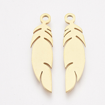 201 Stainless Steel Pendants, Feather, Golden, 25x6x1mm, Hole: 1.6mm