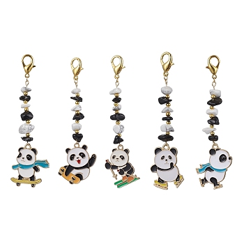 Panda Alloy Enamel Pendant Decorations, Natural Obsidian & Synthetic White Howlite Bead and Zinc Alloy Lobster Claw Clasps Charm, Mixed Color, 89~90mm