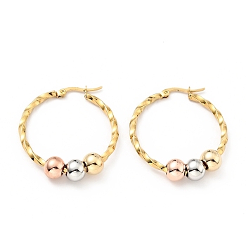Vacuum Plating 201 Stainless Steel Beaded Hoop Earrings with 316 Stainless Steel Pins for Women, Mixed Color, 35x2.5mm, Pin: 0.6mm