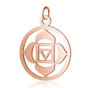 304 Stainless Steel Pendants, Chakra, Muladhara, Flat Round with Flower, Rose Gold, 22.5x19x1mm, Hole: 3mm