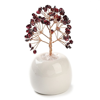 Natural Garnet Chips Tree of Life Decorations, Round Porcelain Base with Copper Wire Feng Shui Energy Stone Gift for Home Office Desktop Decoration, 57x113~129mm