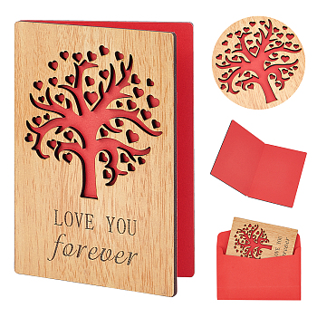 CRASPIRE Rectangle with Pattern Wooden Greeting Cards, with Red Paper InsidePage, with Rectangle Blank Paper Envelopes, Tree Pattern, Wooden Greeting Card: 1pc, Envelopes: 1pc