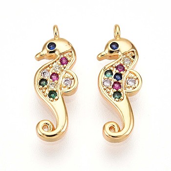 Brass Micro Pave Cubic Zirconia Pendants, Sea Horse Charms, Real 18K Gold Plated, 15.5x5.5x2mm, Hole: 1mm