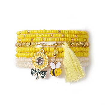 8Pcs 8 Styles Glass Seed Beaded Stretch Bracelets Set, Alloy Enamel & Cotton Tassel Charms Stackable Bracelets for Women, Yellow, Sunflower Pattern, Inner Diameter: 2-3/8 inch(6cm), Flower: 28x16x1.5mm, 1Pc/style