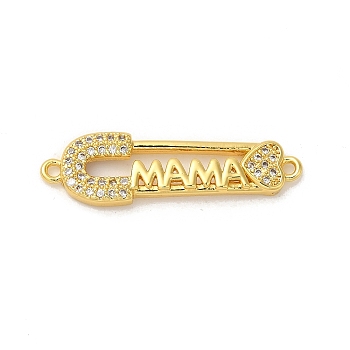 Rack Plating Brass Micro Pave Clear Cubic Zirconia Connector Charms, Safety Pin Links, Long-Lasting Plated, Lead Free & Cadmium Free, Real 18K Gold Plated, 8.4x29x2.7mm, Hole: 1.2mm