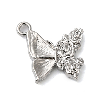 Plating Alloy Pendants, Cadmium Free & Lead Free, Butterfly with Rose, Platinum, 17x18x3mm, Hole: 1.8mm