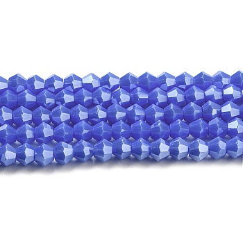 Opaque Solid Color Electroplate Glass Beads Strands, Pearl Luster Plated, Faceted, Bicone, Medium Blue, 4x4mm, Hole: 0.8mm, about 87~98pcs/strand, 12.76~14.61 inch(32.4~37.1cm)