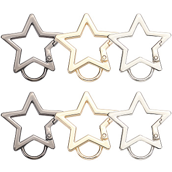 6Pcs 3 Colors Zinc Alloy Spring Gate Rings, Star, Mixed Color, 45x41x4mm, Hole: 10x12.5mm, 2pcs/color