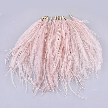 Ostrich Feather Tassel Big Pendant Decorations, with Brass Findings, Golden, Flamingo, 130~170x4mm, Hole: 1.6mm