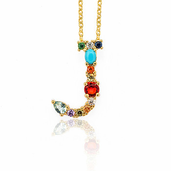 Golden Brass Micro Pave Cubic Zirconia Initial Pendants Necklaces, with Cable Chains, Colorful, Letter, Letter.J, 17.9~18.1 inch(45.5~46cm)x1.5mm, LetterJ: 20x15x6mm