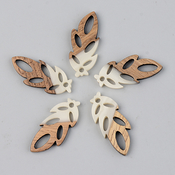 Opaque Resin & Walnut Wood Pendants, Leaf, Floral White, 28x11.5x3mm, Hole: 1.8mm