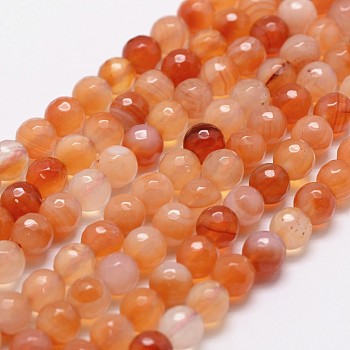 Natural Red Agate Beads Strands, Faceted, Round, 8mm, Hole: 1mm, about 44pcs/strand, 14.9 inch~15.1 inch
