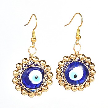 Evil Eye Flat Round Lampwork Dangle Earrings for Girl Women, Wire Wrap Brass Earring, Golden, Blue, 45mm, Pin: 0.6mm