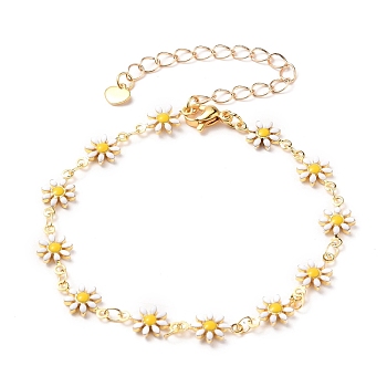 Brass Enamel Daisy Link Bracelets, with 304 Stainless Steel Lobster Claw Clasps & Heart Charms, Golden, 7-1/2 inch(18.9cm)