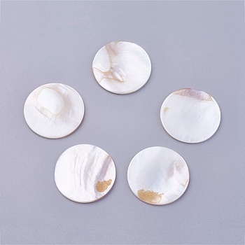 Shell Cabochons, Flat Round, Floral White, 30x2mm