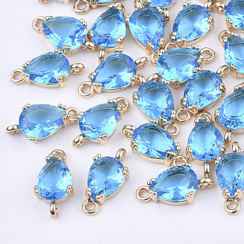 Transparent Glass Links connectors, with Brass Findings, Faceted, Teardrop, Light Gold, Dodger Blue, 13x7x3.5mm, Hole: 1.2mm