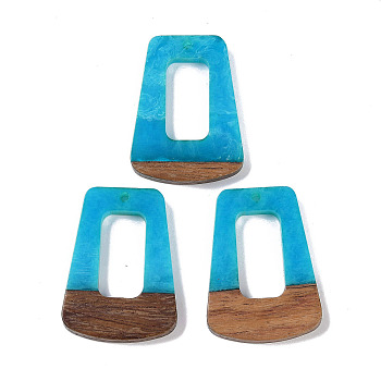 Resin & Wood Pendants, Hollow Trapezoid Charms, Dodger Blue, 38x27x3mm, Hole: 2mm