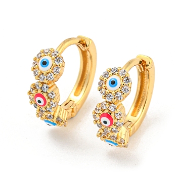 Evil Eye Real 18K Gold Plated Brass Hoop Earrings, with Enamel and Clear Cubic Zirconia, Colorful, 13.5x5mm