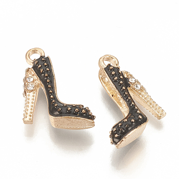 Alloy Enamel Pendants, Cadmium Free & Lead Free, for DIY Jewelry Making, with Rhinestone, High-heeled Shoes, Light Gold, Black, 17.5x14x6mm, Hole: 2mm