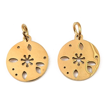 304 Stainless Steel Charms, with Jump Ring, Flat Round Charm, Laser Cut, Golden, Flower, 13.5x11.5x1mm, Hole: 3.4mm