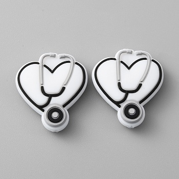 Silicone Beads, DIY Nursing Necklaces and Bracelets Making, Chewing Pendants For Teethers, Heart with Stethoscope, White, 30x27x8mm, Hole: 2mm