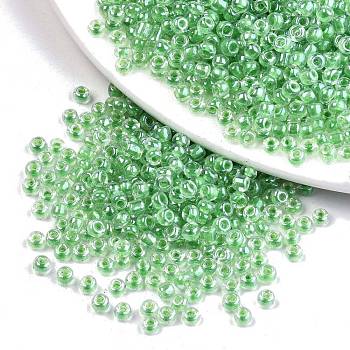 6/0 Glass Seed Beads, Transparent Inside Colours Luster, Round Hole, Round, Lime Green, 6/0, 4~5x2.5~4.5mm, Hole: 1.2mm, about 4500pcs/bag
