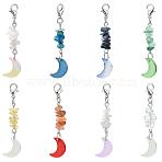 8Pcs Natural Gemstone Chips & Glass Moon Pendant Decorations, with Alloy Lobster Claw Clasps, 56mm(HJEW-JM03989)
