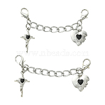 Aluminium Curb Chains & Alloy Enamel Pendants Boot Strap Chains, with Lobster Claw Clasps, Cross & Heart, Platinum, 90mm, about 2pcs/set(HJEW-YW00550)