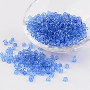 6/0 Glass Seed Beads, Transparent, Round, Light Blue, 4mm, hole: 1.5mm, about 496pcs/50g(X-SEED-A004-4mm-6)